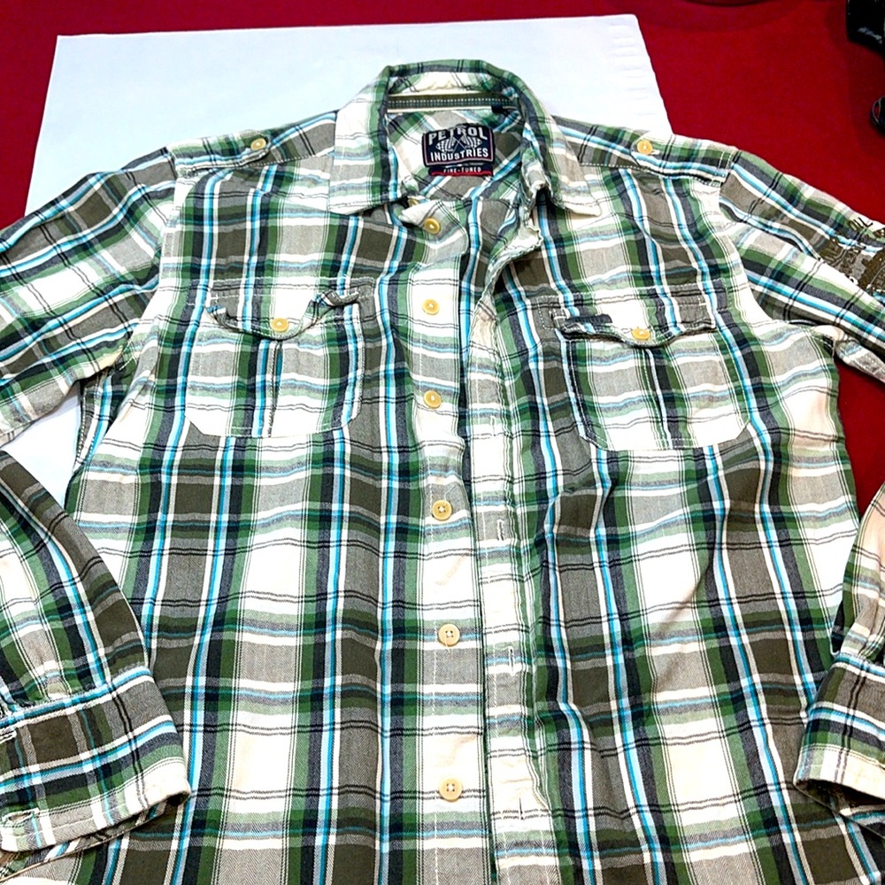 Petrol Industries GREEN PLAID Shirt Mens L BUTTON Front Embroidered Long Sleeve